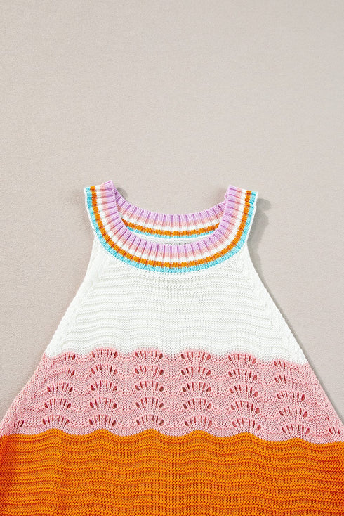 Rainbow Striped Pointelle Knit Sleeveless Sweater Vest
