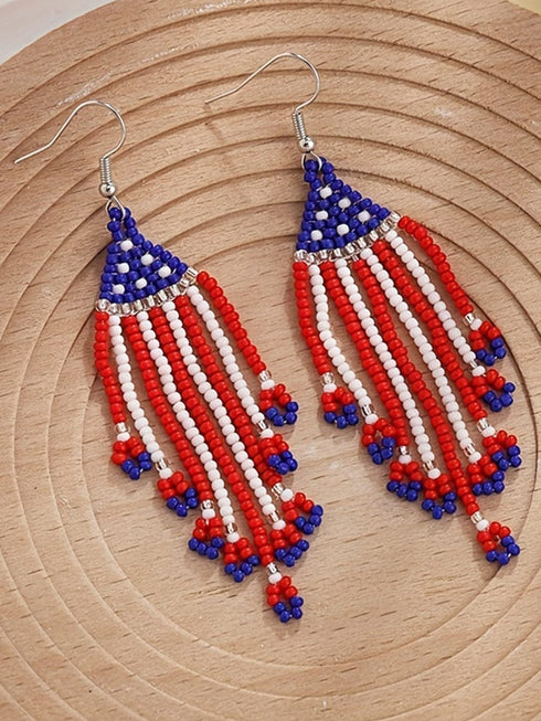 Red Beaded Fringed American Flag Hook Earrings
