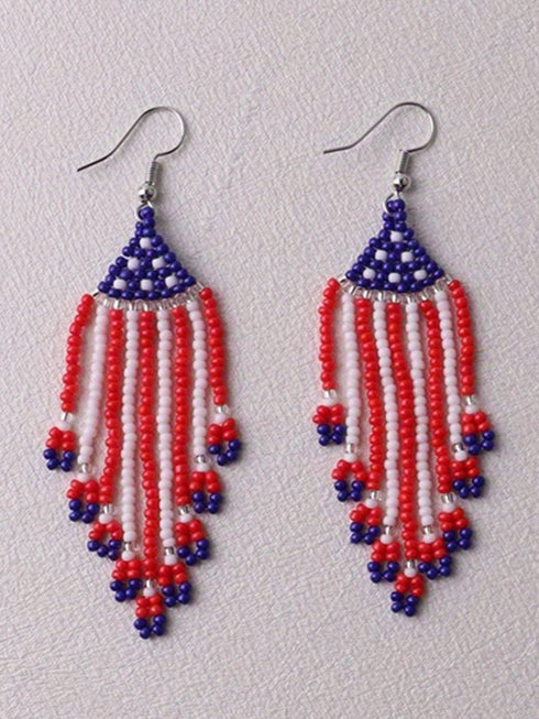 Red Beaded Fringed American Flag Hook Earrings