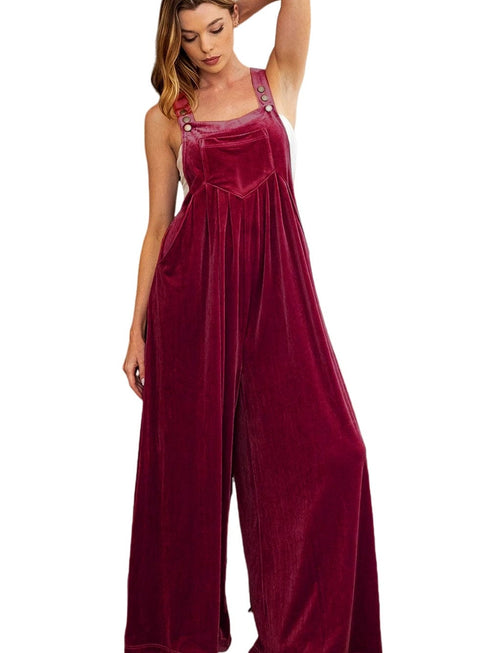 Red Dahlia Velvet Bib Super Loose Leg Overall