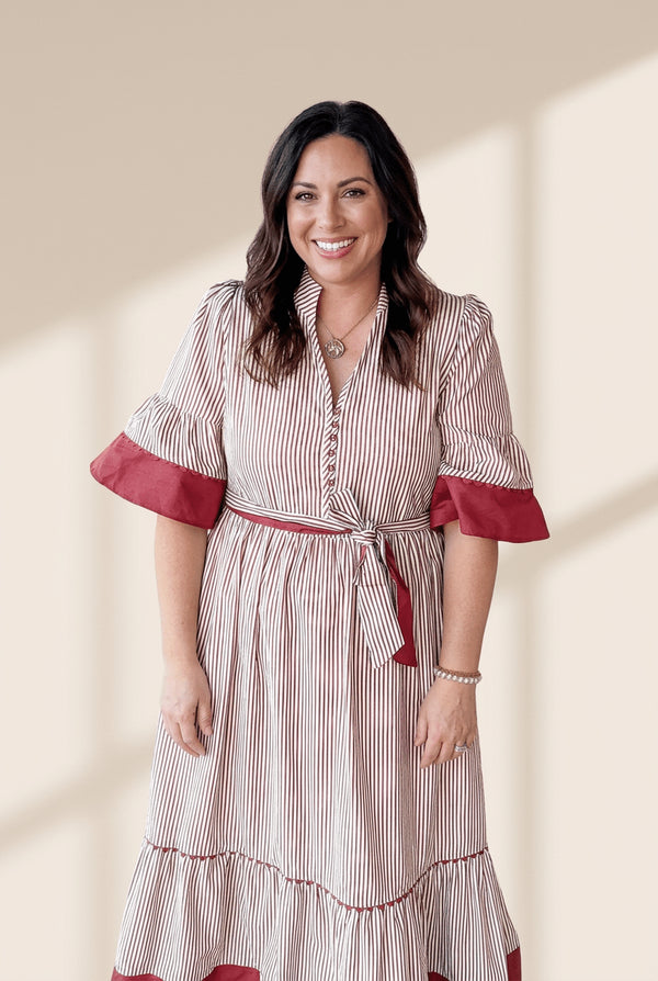 Women's Red Pinstriped Midi Dress with Ruffled Hem and Waist Tie with practical styling and dependable silhouette control.