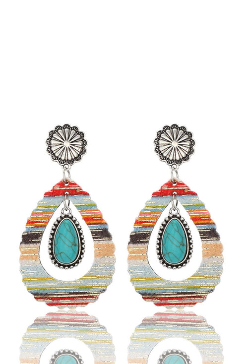 Red Turquoise Waterdrop Leather Earrings with Patchwork Design
