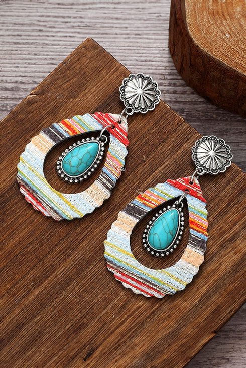 Red Turquoise Waterdrop Leather Earrings with Patchwork Design