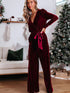 Red Velvet V-Neck Wide Leg Jumpsuit with Waist Tie