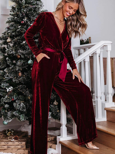 Red Velvet V-Neck Wide Leg Jumpsuit with Waist Tie