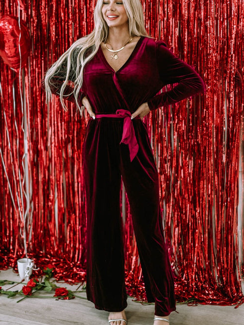 Red Velvet V-Neck Wide Leg Jumpsuit with Waist Tie