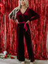 Red Velvet V-Neck Wide Leg Jumpsuit with Waist Tie