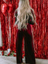 Red Velvet V-Neck Wide Leg Jumpsuit with Waist Tie