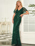 Regal Leaf-Sequined V Neck Fishtail Gown