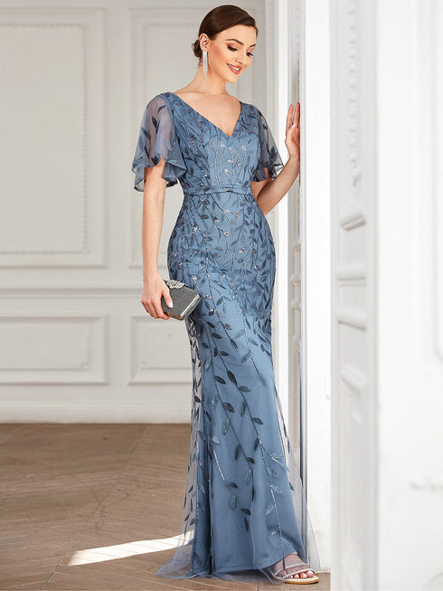 Regal Leaf-Sequined V Neck Fishtail Gown