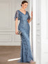 Regal Leaf-Sequined V Neck Fishtail Gown