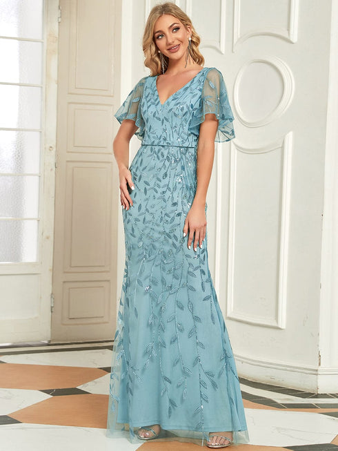 Regal Leaf-Sequined V Neck Fishtail Gown