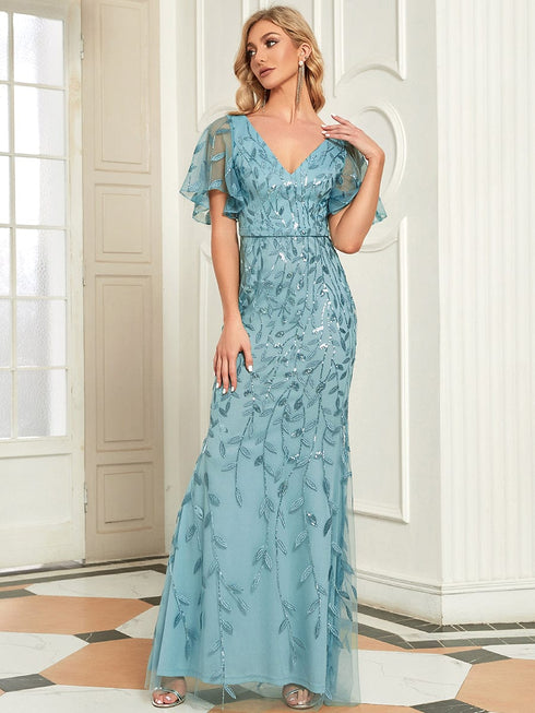 Regal Leaf-Sequined V Neck Fishtail Gown