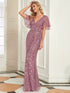 Regal Leaf-Sequined V Neck Fishtail Gown