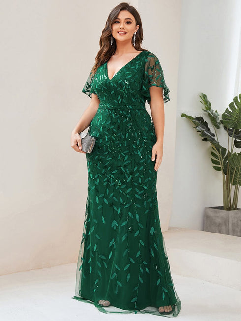 Regal Leaf-Sequined V Neck Fishtail Gown