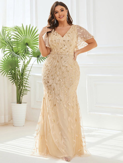 Regal Leaf-Sequined V Neck Fishtail Gown