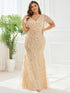 Regal Leaf-Sequined V Neck Fishtail Gown