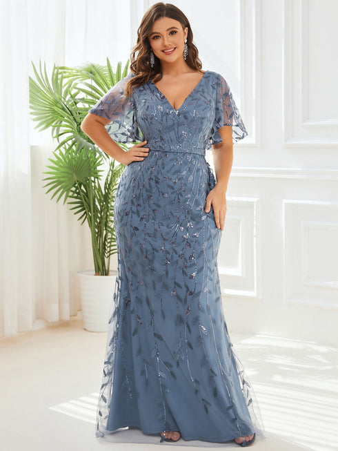 Regal Leaf-Sequined V Neck Fishtail Gown