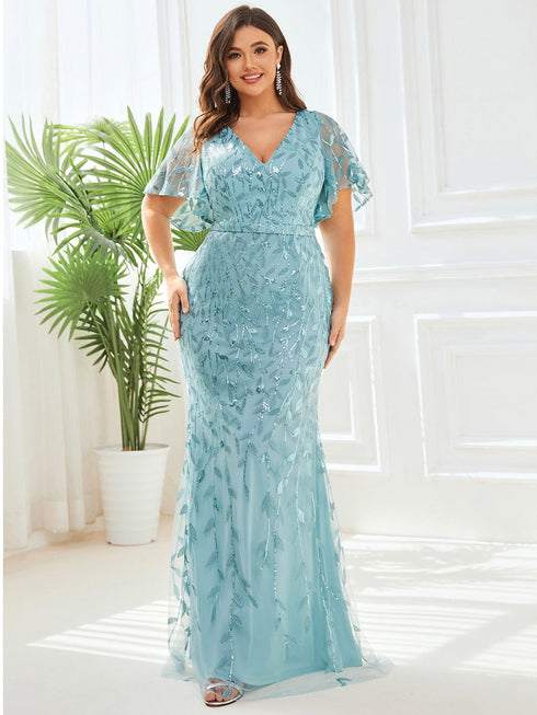 Regal Leaf-Sequined V Neck Fishtail Gown