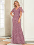 Regal Leaf-Sequined V Neck Fishtail Gown