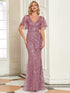 Regal Leaf-Sequined V Neck Fishtail Gown