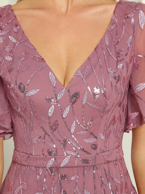 Regal Leaf-Sequined V Neck Fishtail Gown