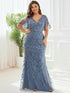 Regal Leaf-Sequined V Neck Fishtail Gown