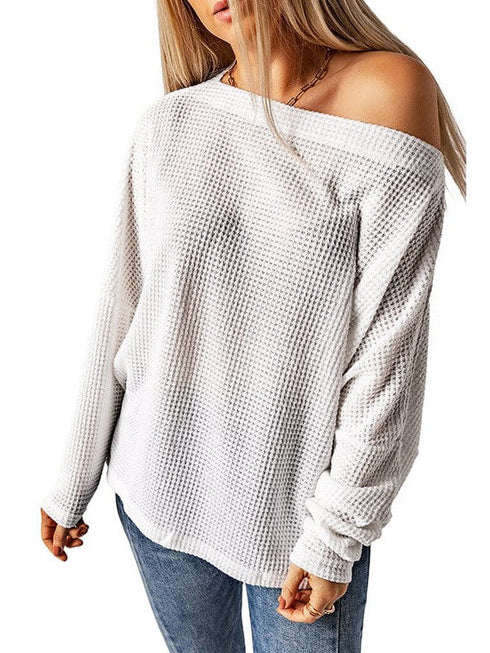 Relaxed Solid Color Waffle Drop Shoulder Pullover with Lazy Style Long Sleeve T-Shirt for Women