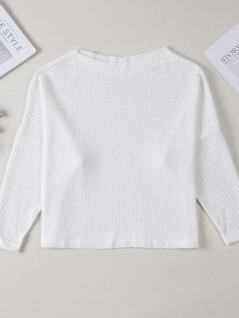 Relaxed Solid Color Waffle Drop Shoulder Pullover with Lazy Style Long Sleeve T-Shirt for Women