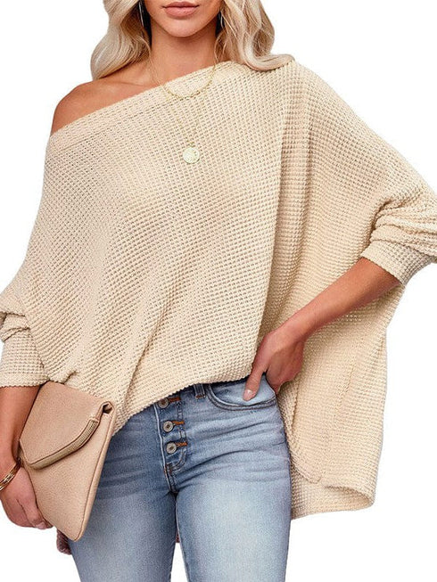 Relaxed Solid Color Waffle Drop Shoulder Pullover with Lazy Style Long Sleeve T-Shirt for Women
