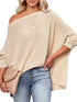 Relaxed Solid Color Waffle Drop Shoulder Pullover with Lazy Style Long Sleeve T-Shirt for Women