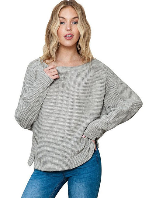 Relaxed Solid Color Waffle Drop Shoulder Pullover with Lazy Style Long Sleeve T-Shirt for Women
