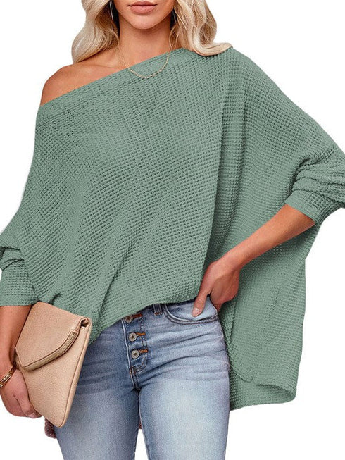 Relaxed Solid Color Waffle Drop Shoulder Pullover with Lazy Style Long Sleeve T-Shirt for Women