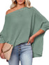 Relaxed Solid Color Waffle Drop Shoulder Pullover with Lazy Style Long Sleeve T-Shirt for Women