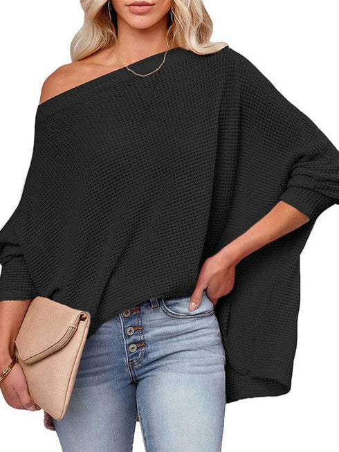 Relaxed Solid Color Waffle Drop Shoulder Pullover with Lazy Style Long Sleeve T-Shirt for Women