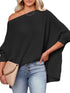 Relaxed Solid Color Waffle Drop Shoulder Pullover with Lazy Style Long Sleeve T-Shirt for Women