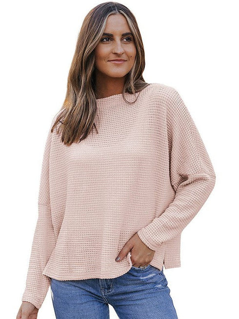 Relaxed Solid Color Waffle Drop Shoulder Pullover with Lazy Style Long Sleeve T-Shirt for Women