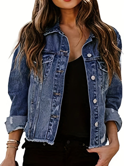 Retro Ripped Raw Hem Lapel Single-Breasted Long Sleeve Denim Jacket