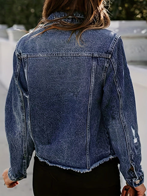 Retro Ripped Raw Hem Lapel Single-Breasted Long Sleeve Denim Jacket