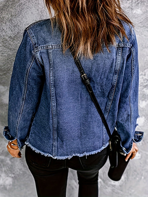Retro Ripped Raw Hem Lapel Single-Breasted Long Sleeve Denim Jacket