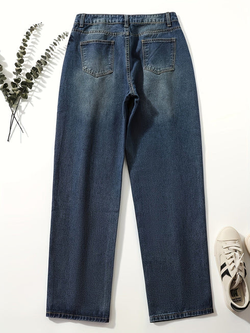 Retro Rolled Hem Single-Breasted Closure Straight Loose Casual Jeans