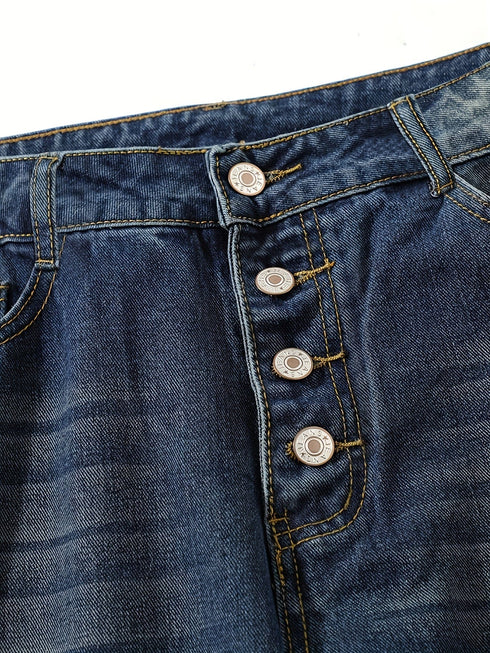 Retro Rolled Hem Single-Breasted Closure Straight Loose Casual Jeans