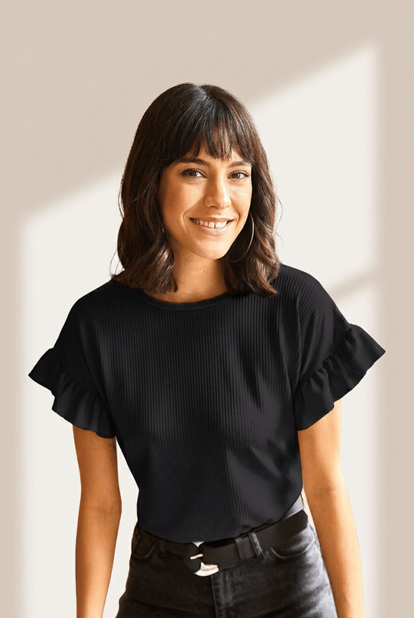 Women's Ribbed Ruffle-Sleeve Knit Tee in Onyx Black