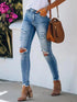Ripped Cutout Fringe Hem Casual Jeans