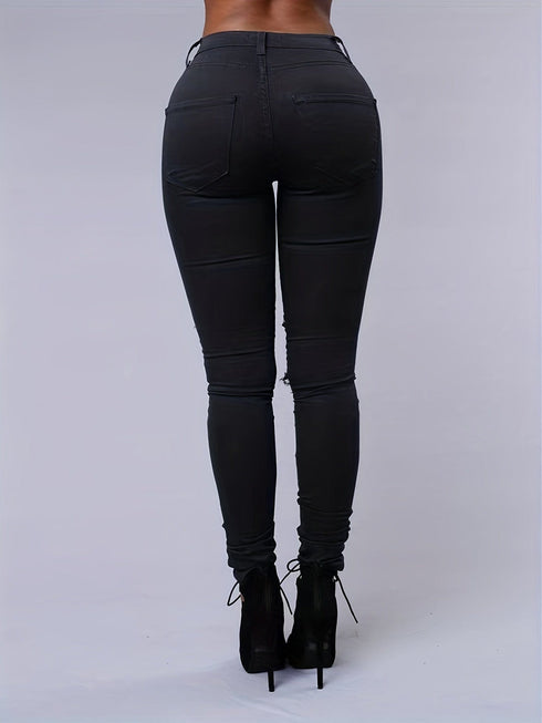 Ripped Mid Waist High-Stretch Skinny Retro Denim Jeans