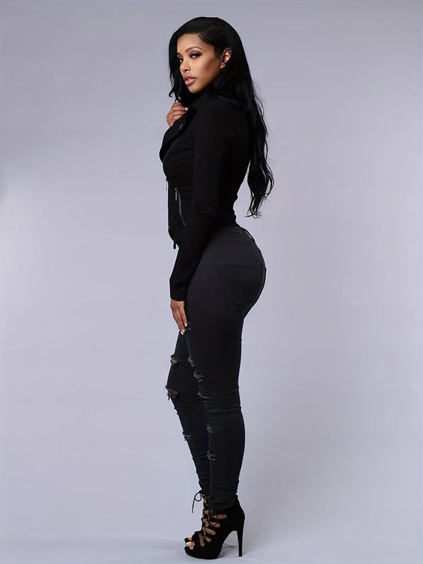 Ripped Mid Waist High-Stretch Skinny Retro Denim Jeans