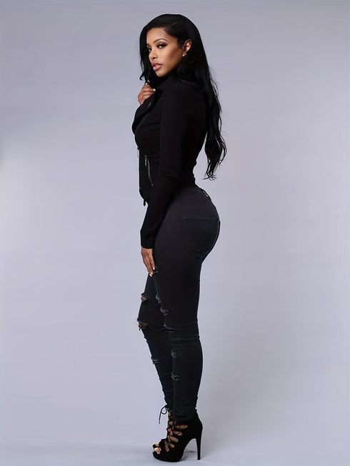 Ripped Mid Waist High-Stretch Skinny Retro Denim Jeans