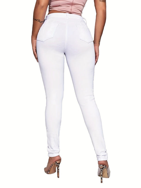 Ripped Mid Waist High-Stretch Skinny Retro Denim Jeans