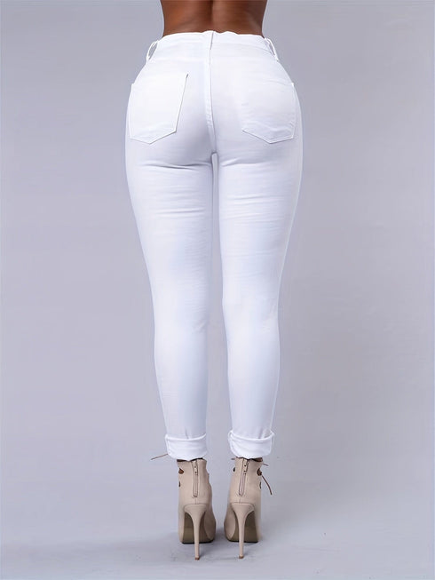 Ripped Mid Waist High-Stretch Skinny Retro Denim Jeans
