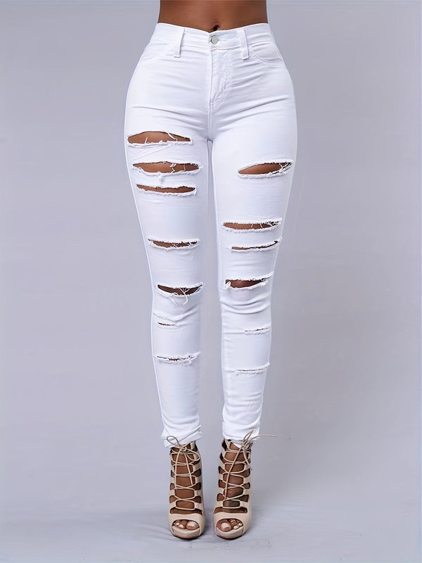 Ripped Mid Waist High-Stretch Skinny Retro Denim Jeans